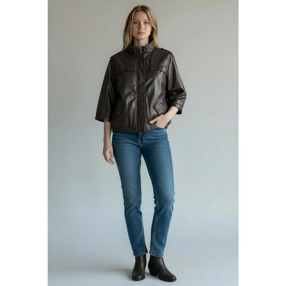 Chico's Brown Waxed Shiny 3/4 Sleeve Bomber Jacket, Size 2 (US 12) - Picture 2 of 8